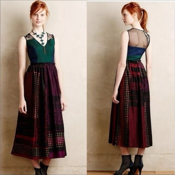Niki Mahajan for Anthropologie Montage Midi Dress RARE Size 8 10 12 Silk Lace - Picture 2 of 14